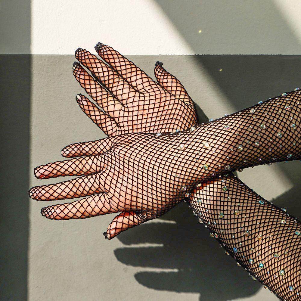 Găng Tay Lưới Co Giãn Đính Hạt Kim Cương Lấp Lánh Dùng Biểu Diễn Sân