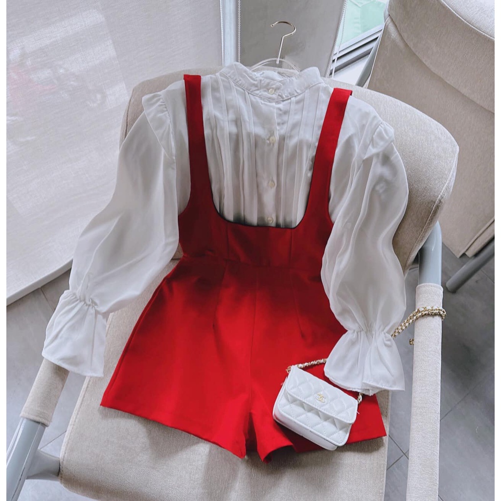 SET Yếm quần đỏ/caro kèm Áo sơ mi trắng tay phồng NÀNG CLOSET