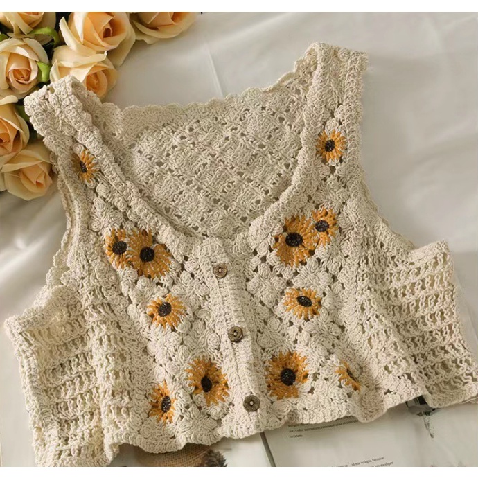 Áo Croptop Dệt Kim Không Tay Thêu Hoa Cúc Phong Cách Pháp Cổ Điển