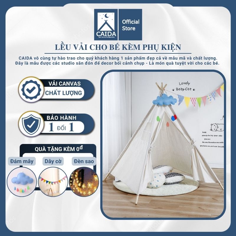 Lều vải handmade cao cấp màu trắng vải Cotton Canvas cọc gỗ tự nhiên an toàn cho bé chơi hoặc decor chụp ảnh