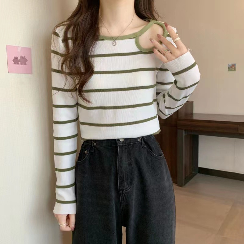IELGYÁo sweater Dệt Kim Tay Dài Dáng Ôm Họa Tiết Kẻ Sọc Khoét Lỗ Thời Trang Cho Nữ