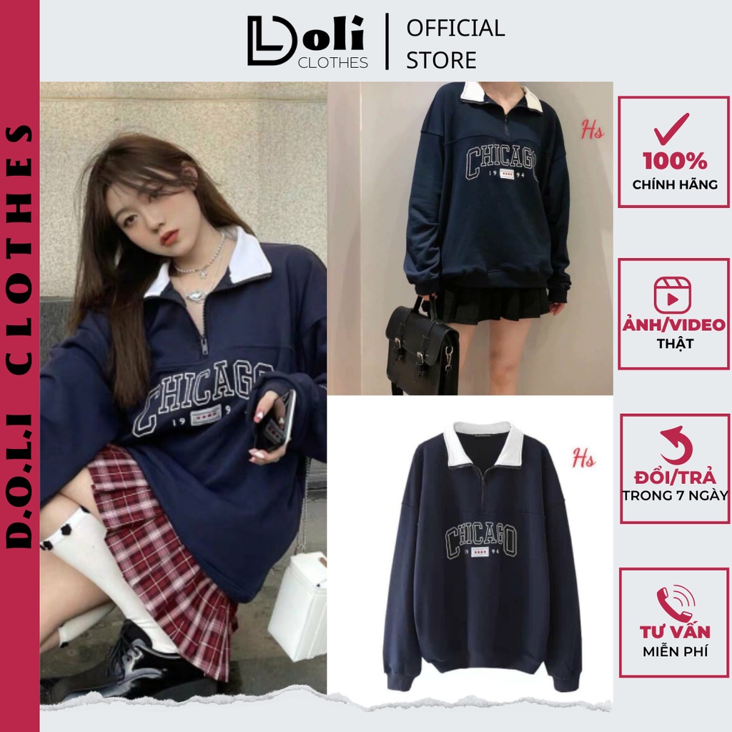 Áo Thun Sweater Nỉ Cổ Khóa Hàn Quốc CHICAGOO 1994 dưới 70kg G062 - DOLI Clothes