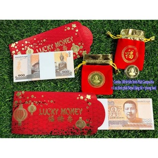 Combo phật 100 tờ phật và xu phật tặng kèm túi gấm và bao lì cao cấp