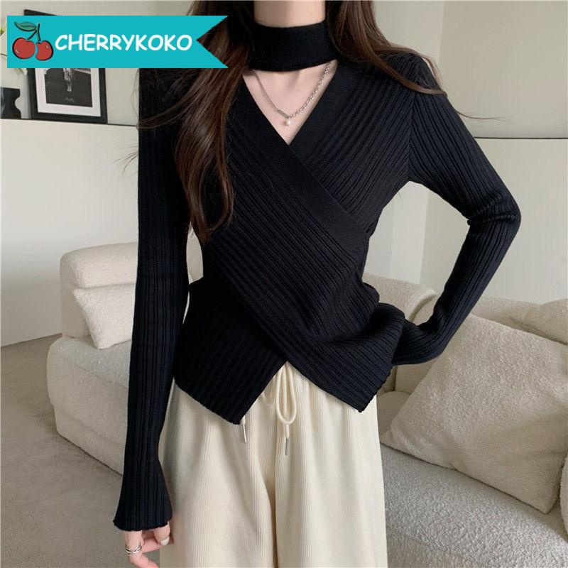 【HÀNG CÓ SẴN】🍒CHERRYKOKO Áo len tăm tay dài cổ chữ V vạt chéo cổ choker dáng ôm gợi cảm cho nữ 2023