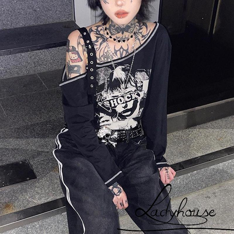 Áo Thun Dài Tay Lệch Vai Phong Cách Gothic Thời Trang Cho Nữ