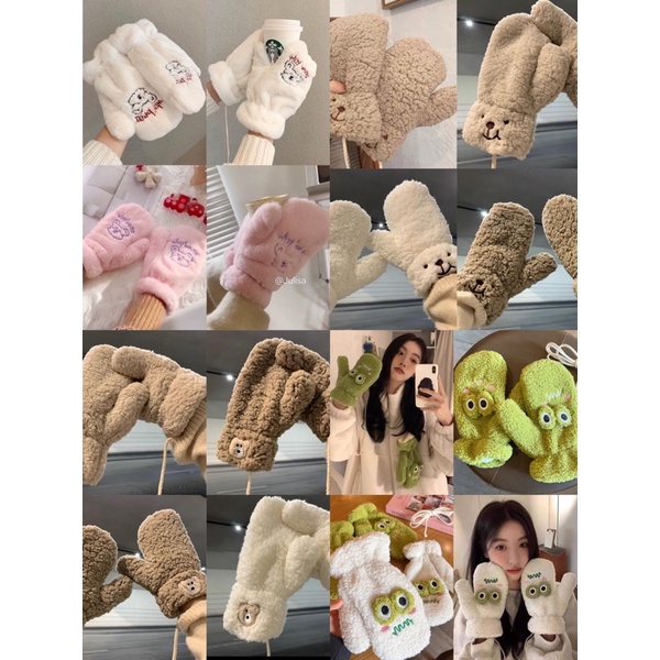 Găng tay Bông nữ hình  gấu dễ thương xinh xắn lông cừu dày dặn giá rẻ mẫu mới có dây