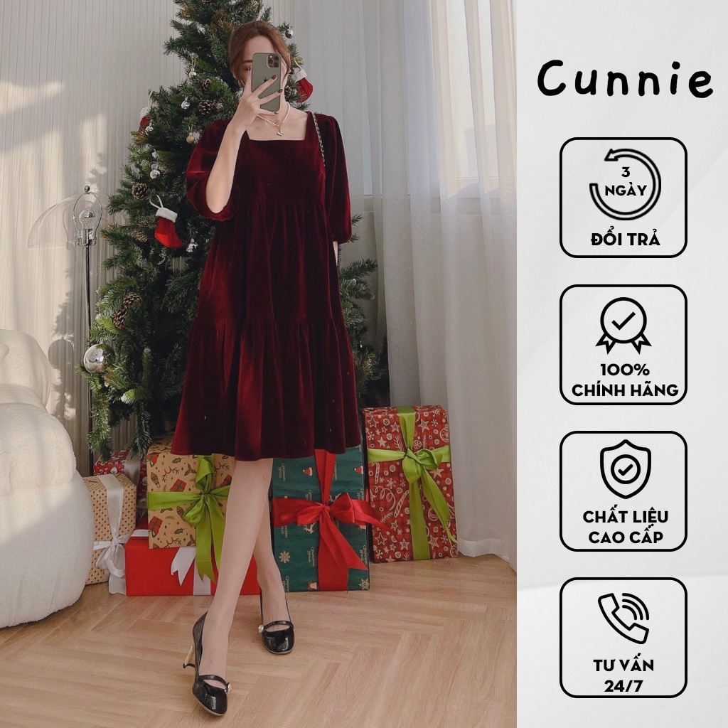 Váy nhung tay lỡ cổ vuông dáng suông đuôi cá V352 màu đỏ/đen trơn