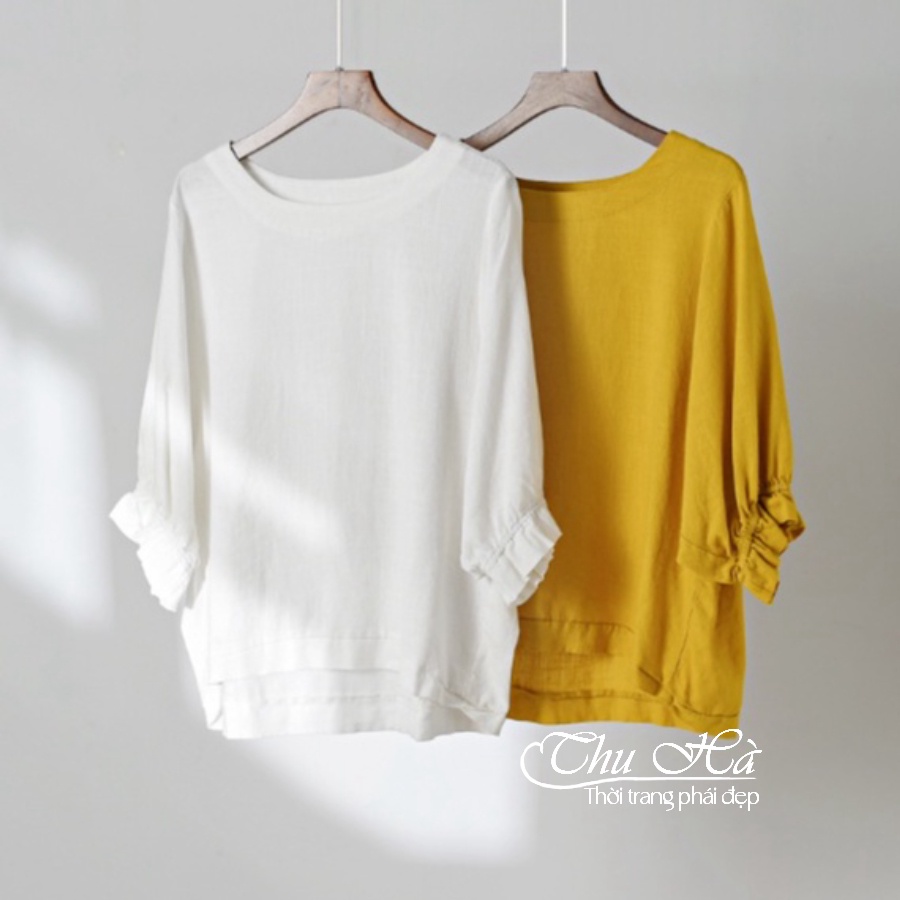 Áo trung niên nữ dáng cánh dơi tặng mẹ form rộng bigsize Thu Hà chất liệu đũi tơ mềm nhẹ thoáng mát AKH.45