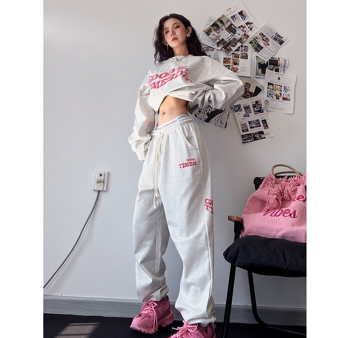 Ethelgirl Quần Thể Thao Ống Rộng Lưng Cao In Họa Tiết vintage Mỹ Cho Nữ