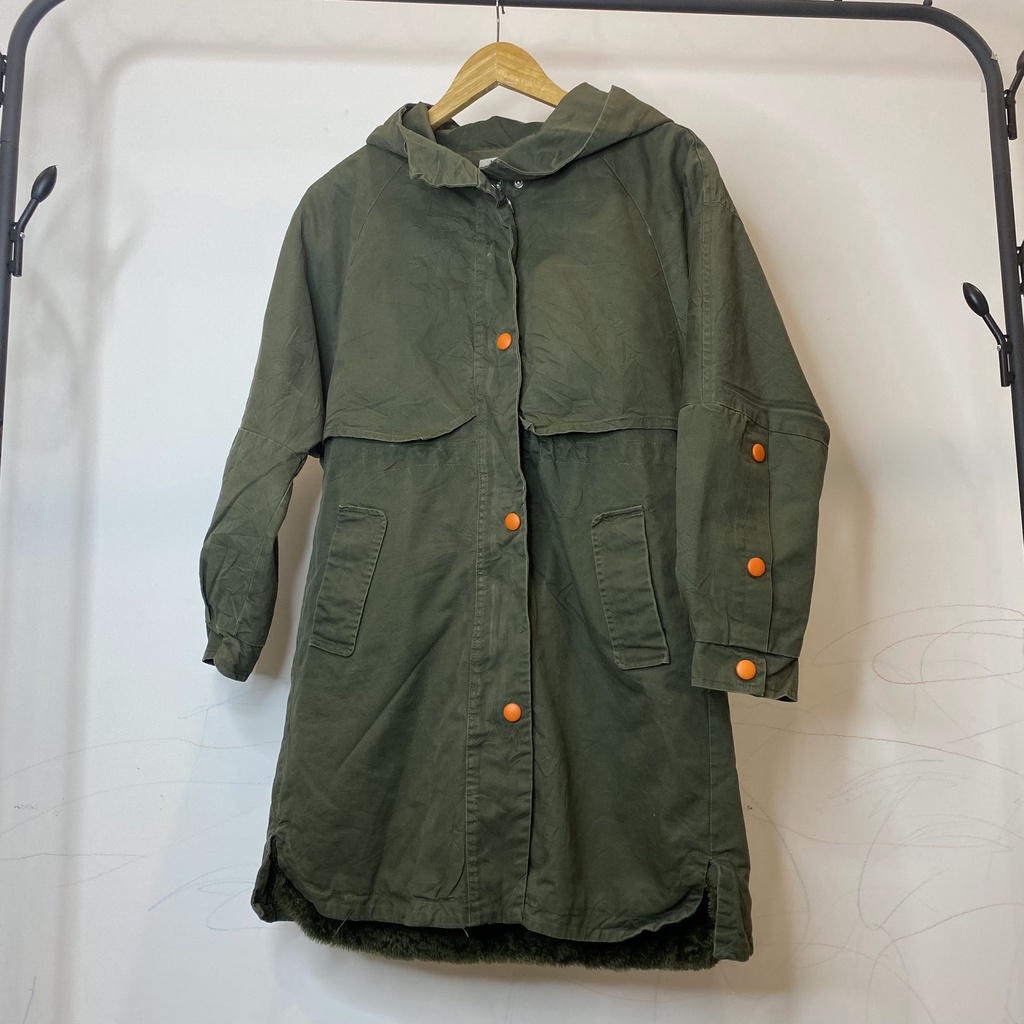 Áo khoác parka kaki dáng dài lót lông mũ lông rút dây chỉnh eo túi hộp hàng 2HAND size 50-58KG