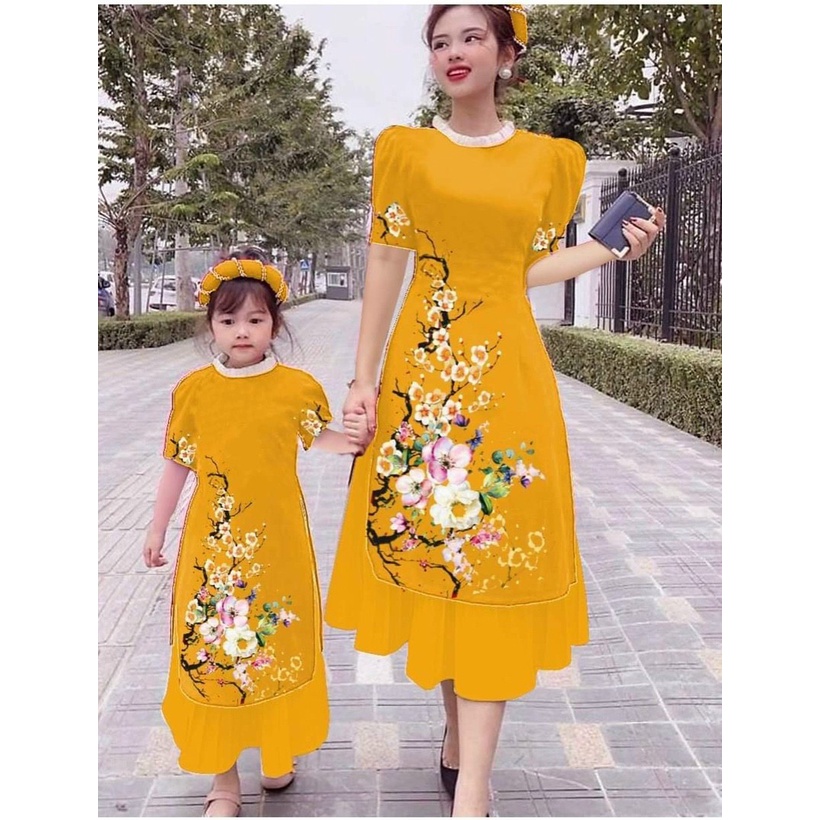 SÉT ÁO DÀI CÀNH ĐÀO ĐỎ - VÀNG MẪU MỚI XẾP LY CỔ