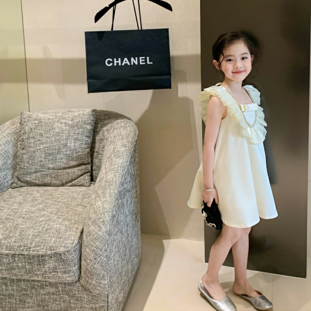 Váy bé gái, váy bé gái công chúa cổ bèo đính nơ 2 lớp cho bé từ 8-25kg