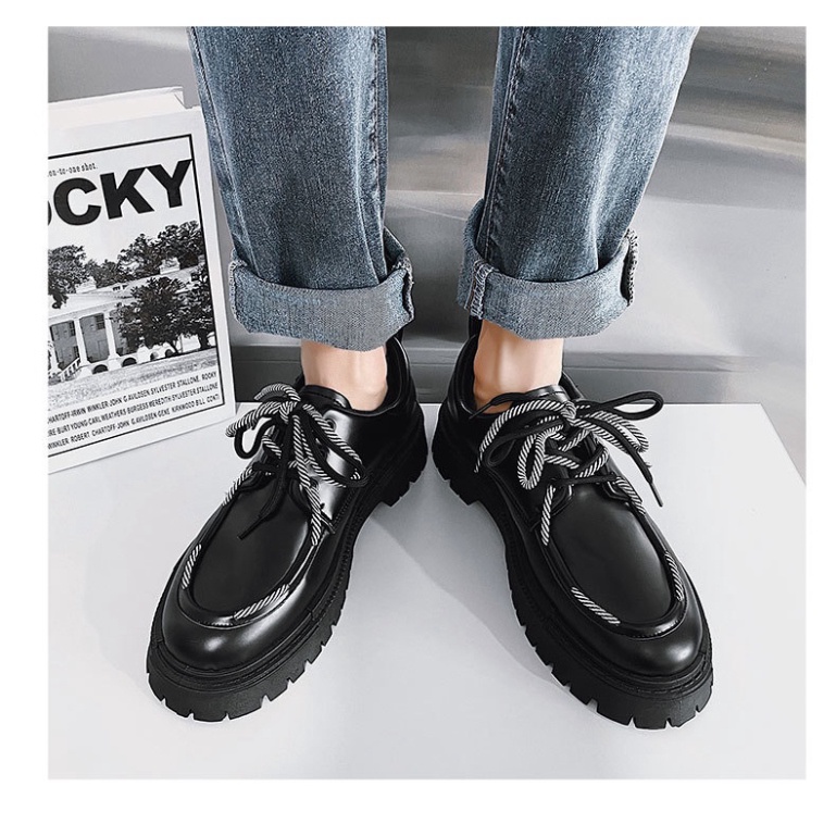 ✔️Giày nam bốt da cổ thấp mũi tròn phong cách Nhật Bản thời trang nâng chiều cao, giầy tây dr marten Đen Full Box 7608