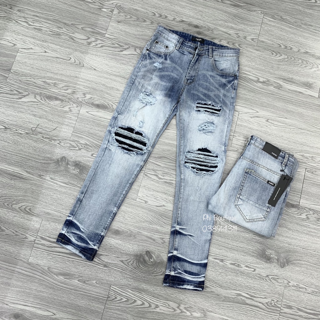 Quần jean bò nam slimfit wash xanh khói rách xước chỉ đùi gối vá vải nhăn đen phối ống loang sóng | BigBuy360 - bigbuy360.vn