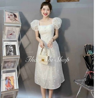 Váy hoa nữ đầm trắng voan hoa nhí nút bọc cổ vuông tay phồng nhẹ nhàng xinh xắn Kawaii Mise