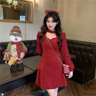 Váy ngắn xòe dạ nhung tăm kim tuyến bling bling cutout khoét ngực cổ chocker ulzzang HQ - Váy đỏ Noel, Tết lễ hội