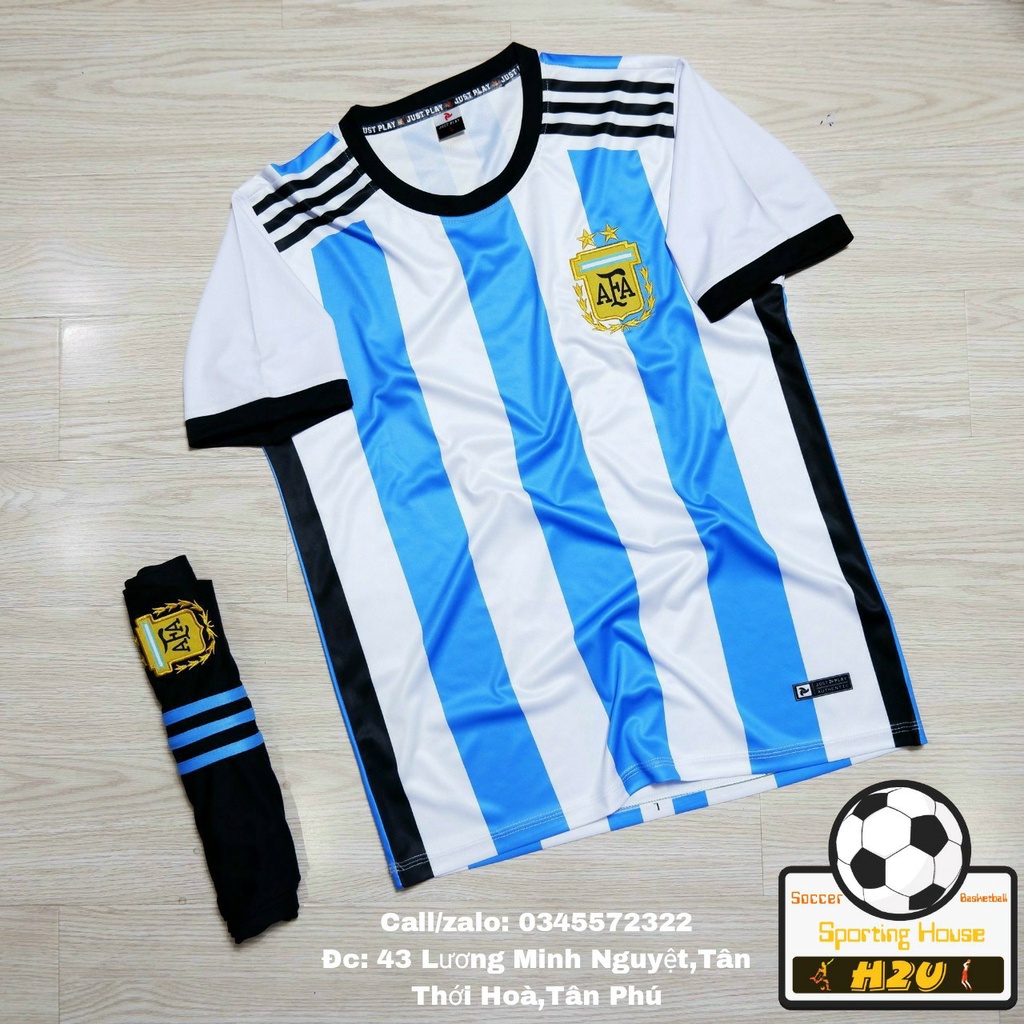 Bộ áo bóng đá đội tuyển Argentina sọc 3 sao mới nhất, áo đá banh messi ba sao, in ấn tên và số theo yêu cầu