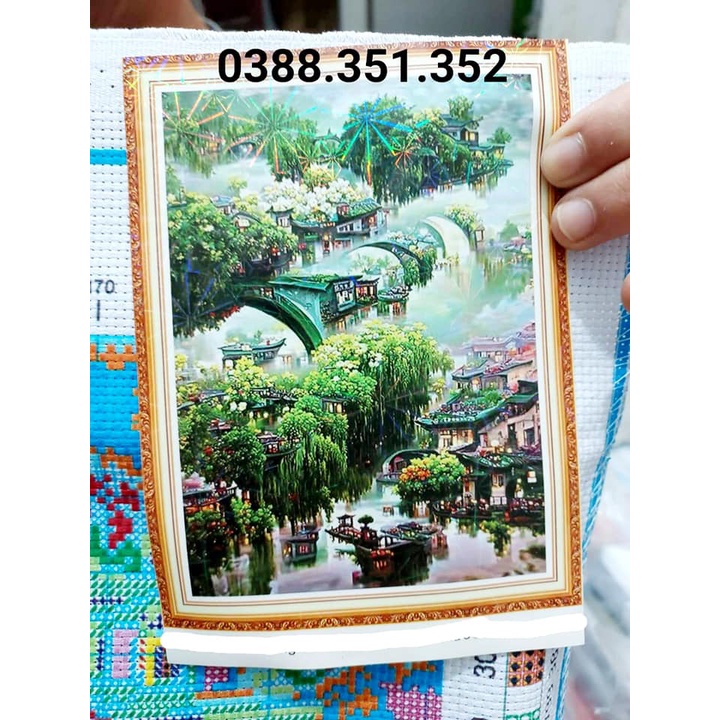 Tranh thêu chữ thập tứ quý phong cảnh bốn mùa thêu kín 60*90*4cm