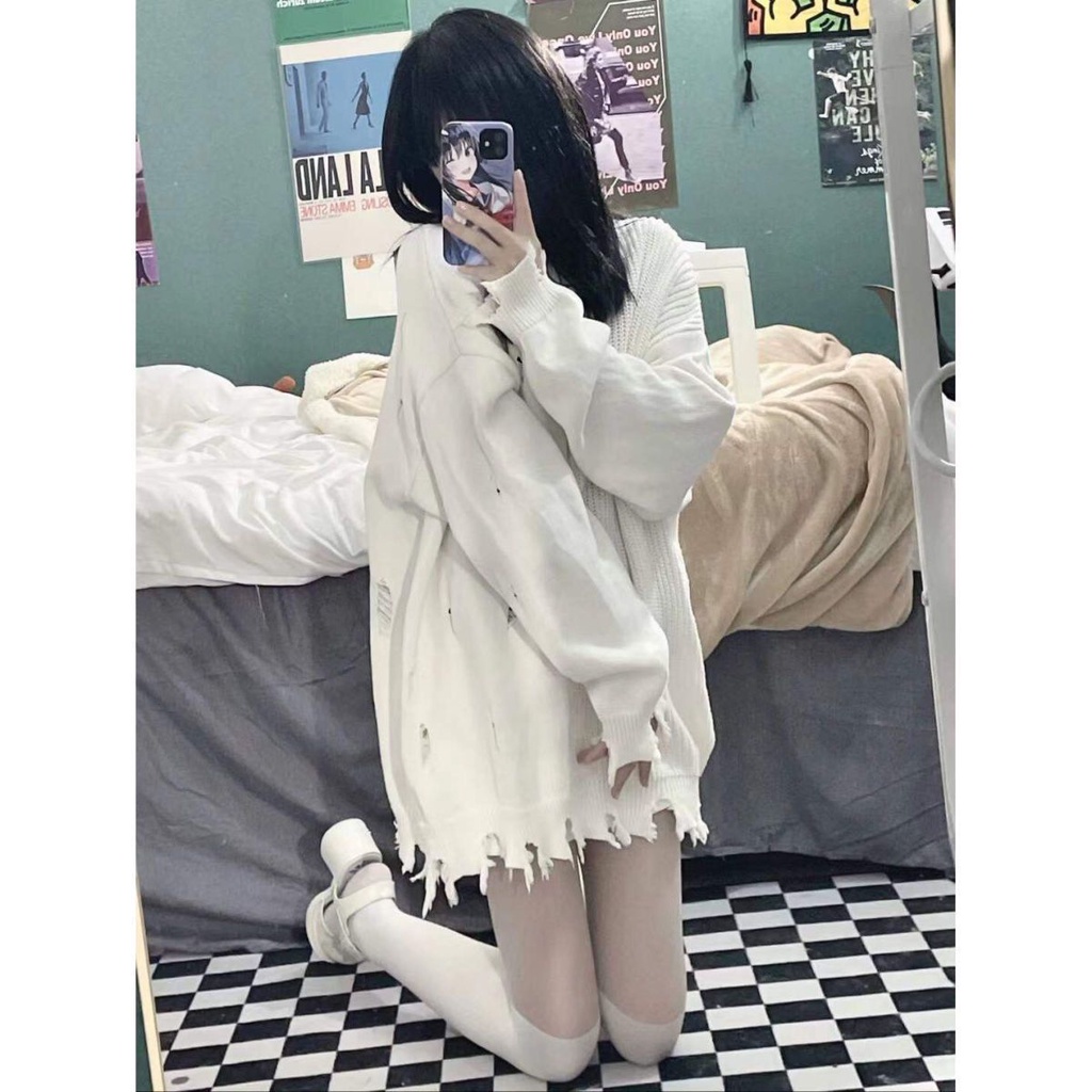 Jiashucheng Áo Sweater Dáng Rộng Rách Gối Màu Trơn Phong Cách Hàn Quốc Mới Dễ Phối Đồ Cho Học Sinh Nữ