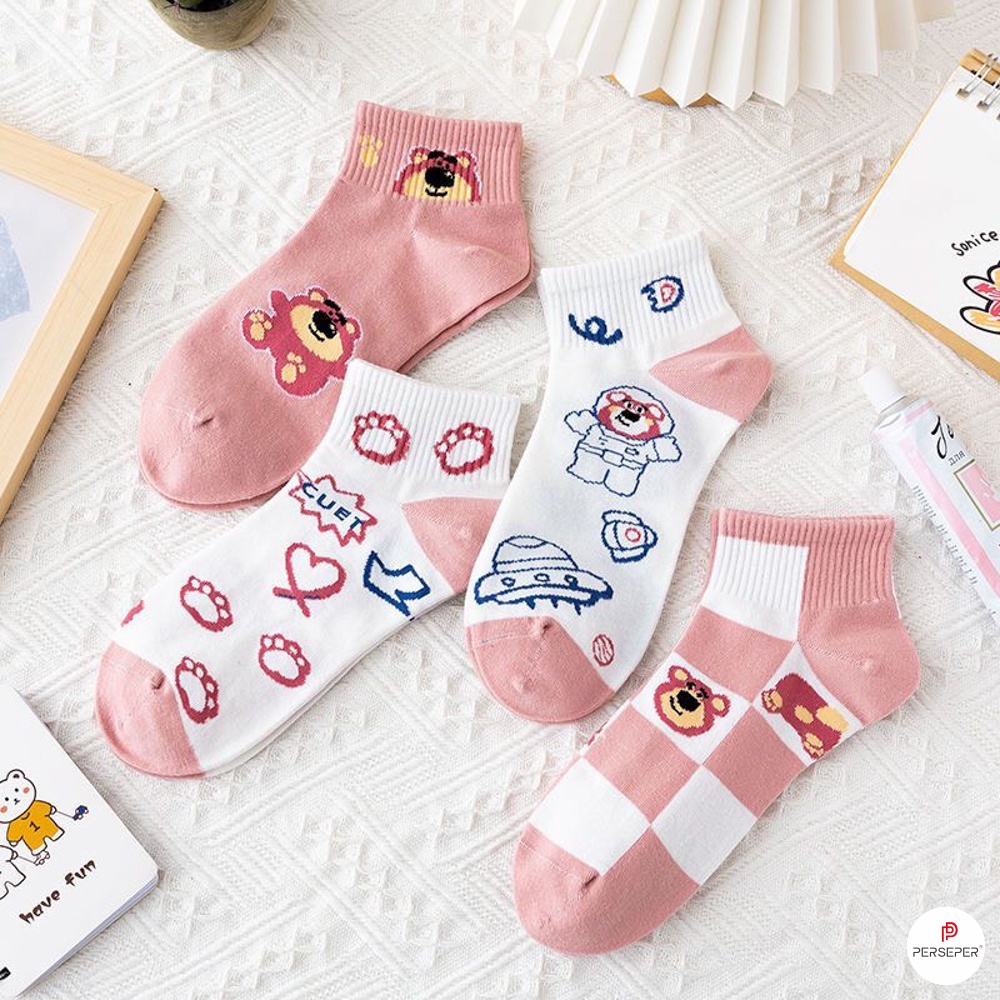 Tất vớ cổ ngắn chất liệu vải Hàn co giãn 4 chiều. sét 5 đôi vớ họa tiết xinh - Sope Shop