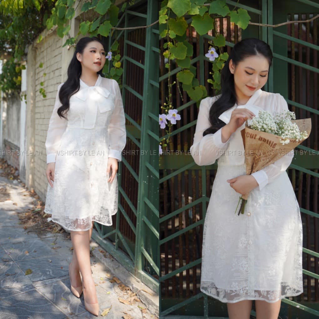 Váy ren hoa trắng cổ buộc nơ