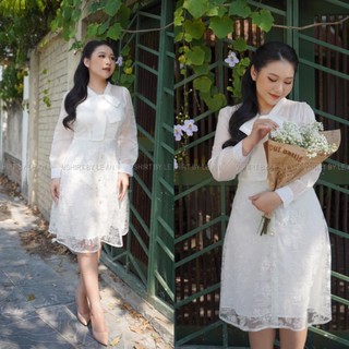 Váy ren hoa trắng cổ buộc nơ