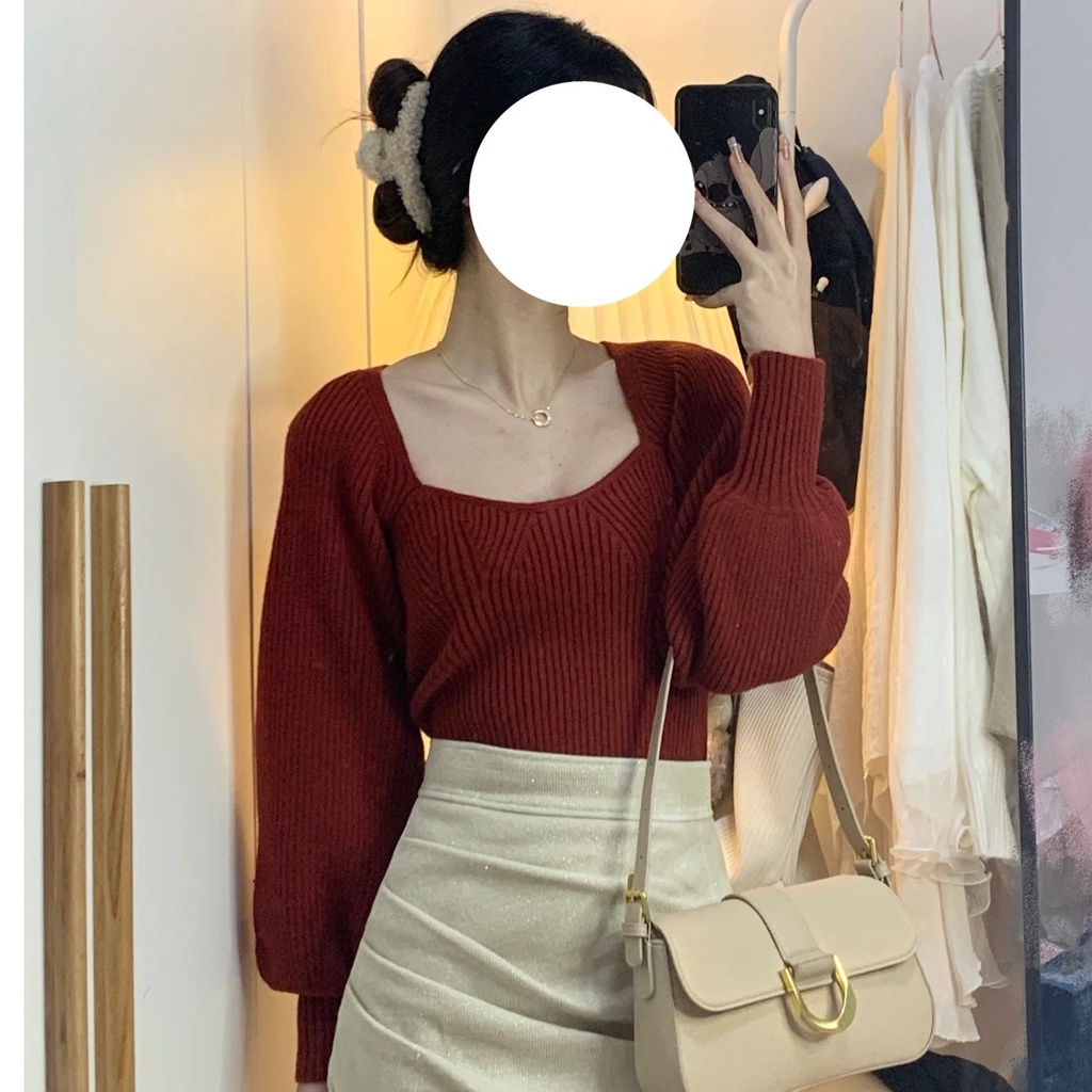 Áo dệt kim SUXI tay dài cổ vuông màu sắc thanh lịch thời trang thu đông cho nữ