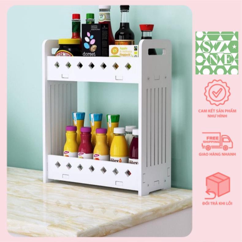 Kệ đựng đồ gia vị đa năng 2 tầng màu trắng chất liệu gỗ nhựa PVC kháng nước tuyệt đối dễ dàng vệ sinh-Szone Decor