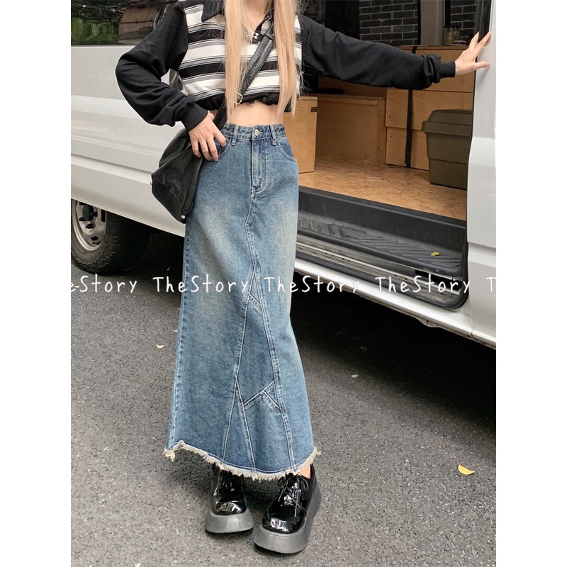 Chân váy jean dài có tua rua dưới gấu  CV354, CV356