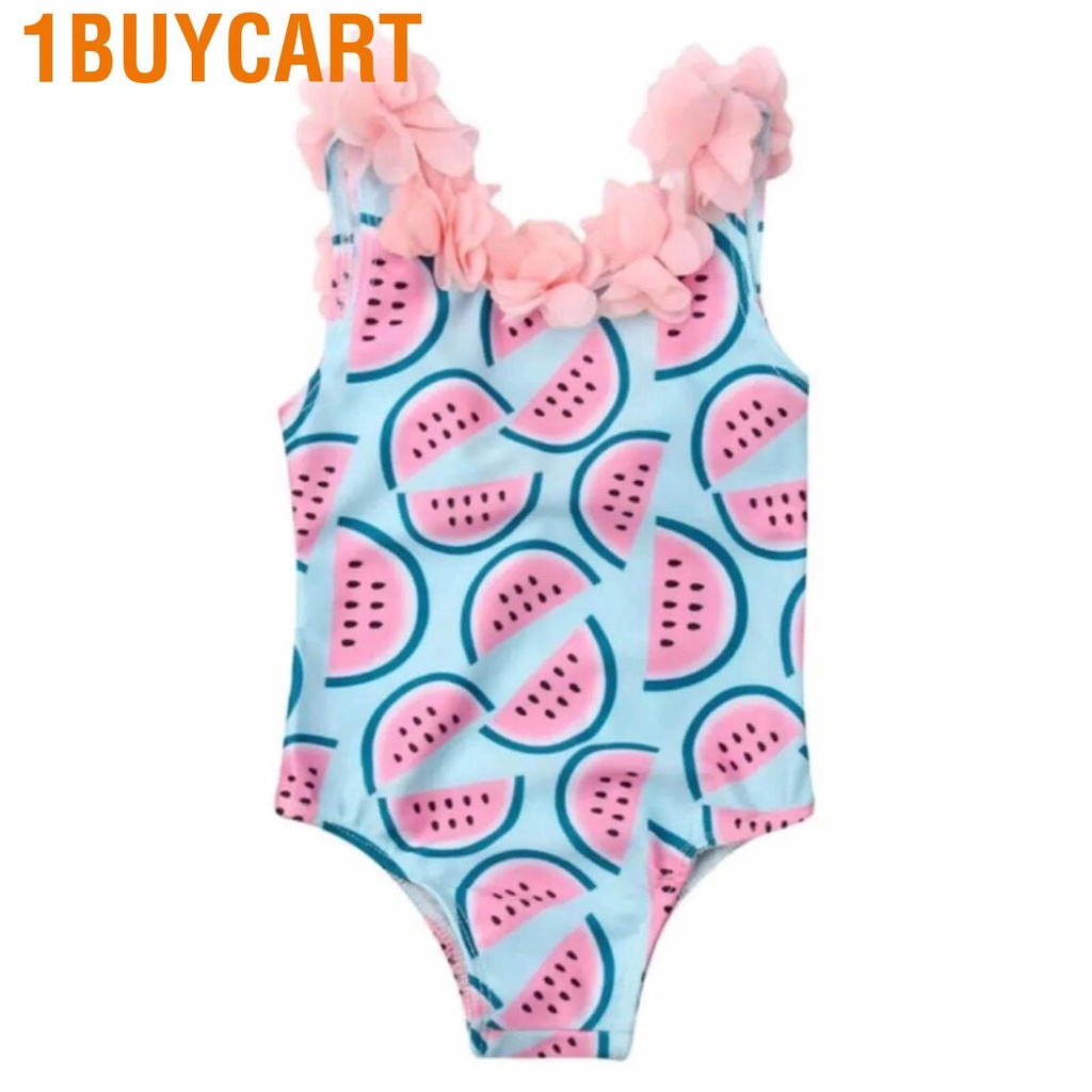 1buycart Kids Swimwear Watermelon Print with 3D Flowers Decor One Piece Girl's Bathing Suit for Beach