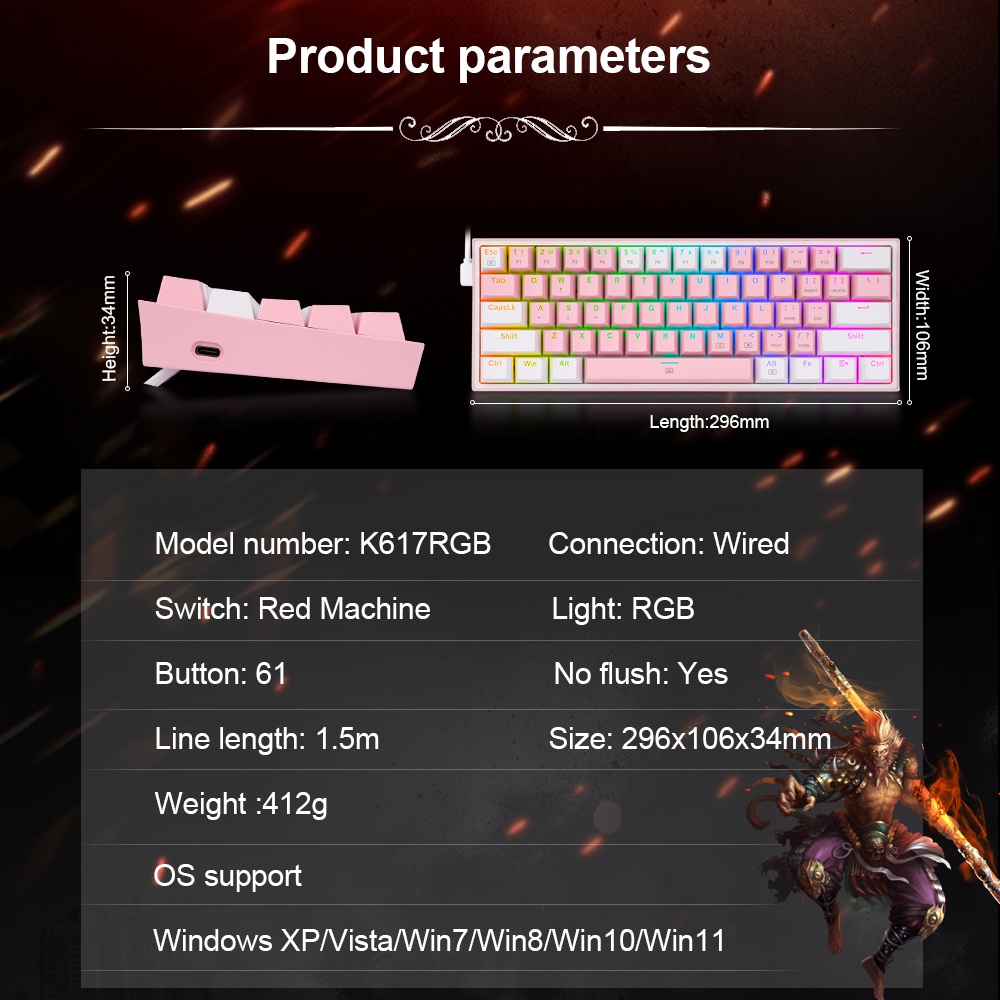 Bàn phím cơ Game Redragon Fizz K617RGB-PW Mini Kèm Dây Cáp 61 Có Thể Tháo Rời