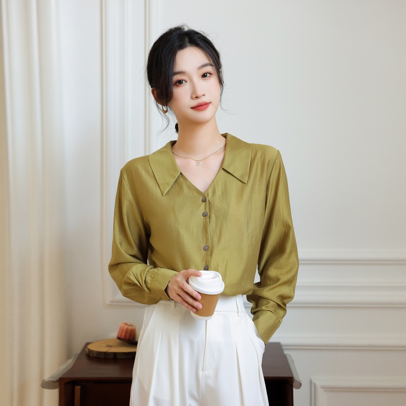 Áo Sơ Mi Tay Dài Màu Xanh Lá Mù Tạt Thiết Kế Cảm Giác Cao Cấp Phù Hợp Với Váy Nhỏ Xinh Đẹp Phong Cách Mới Cho Nữ WW