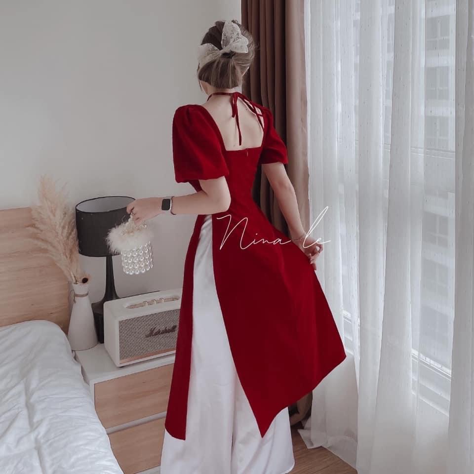 Bộ áo dài đỏ phối quần trắng ,tay ngắn phồng vai cổ yếm xẻ tà thời trang nữ duyên dáng dịu dàng