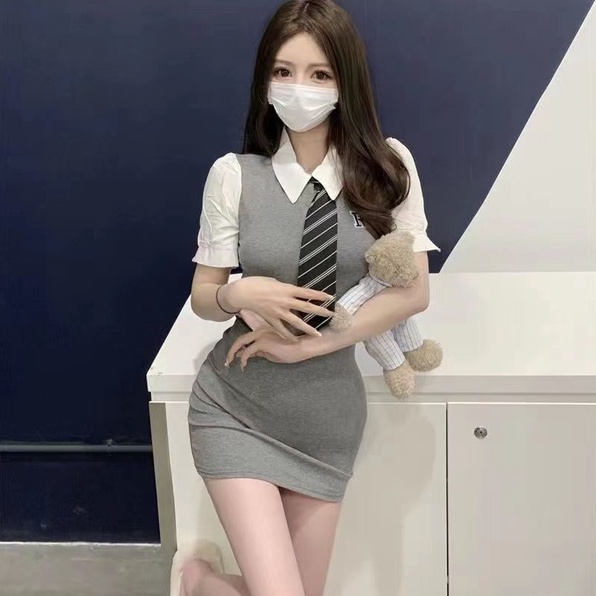 Đầm Ngắn Tay Giả Hai Lớp Thời Trang Mùa Hè Cho Nữ