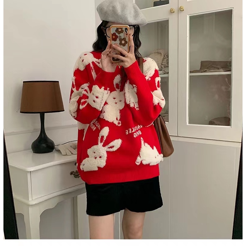 Áo Khoác Len In Hình Thỏ Năm Mới Thời Trang Thu Đông Cho Các Cặp Đôi