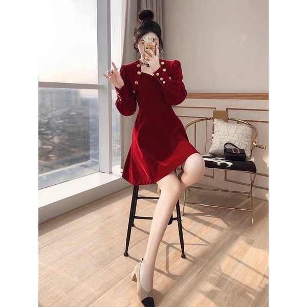 ♥️ĐẦM NHUNG ĐỎ TAY DÀI PHỐI NÚT CƯỜM