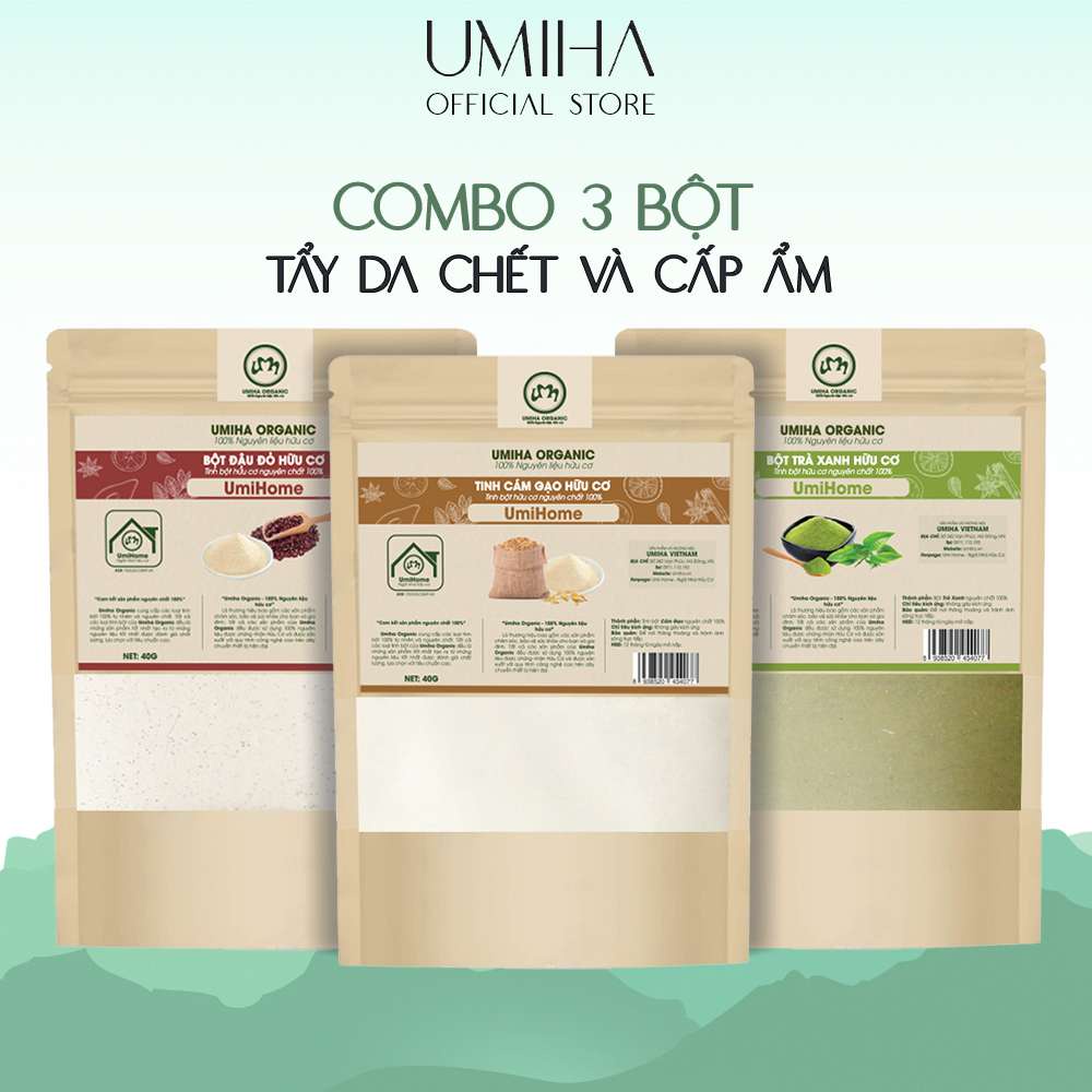 Combo 3 bột tẩy tế bào chết và cấp ẩm cho da nguyên chất UMIHOME (40Gx3) gồm bột Trà Xanh, Cám Gạo, Đậu Đỏ