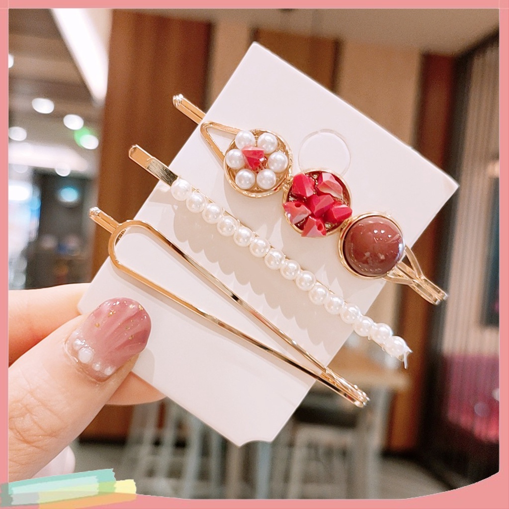 Set 3 KẹP TóC PhốI HạT NgọC Trai Kim Cương Giả ThờI Trang Cho Nữ