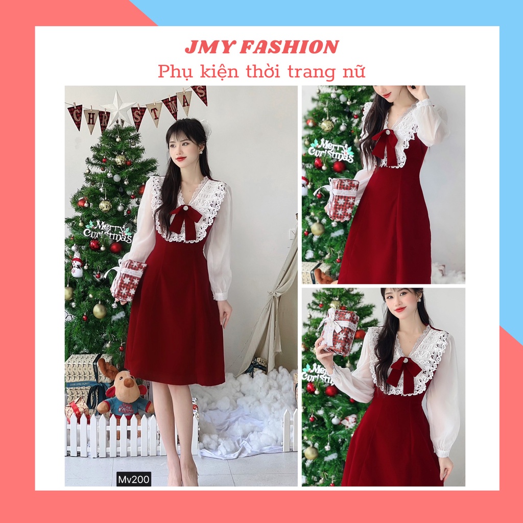 váy nhung cổ V tay voan trắng Noel, Lễ Tết - (MC) Modish and Chic