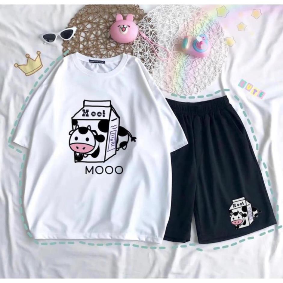 Sét Áo Thun Ngắn Tay Bò Sữa Milk Chất Đẹp + Quần Đùi Đen Ống Rộng Logo Sét Đồ Bộ Nam Nữ Unisex Freesize ! "