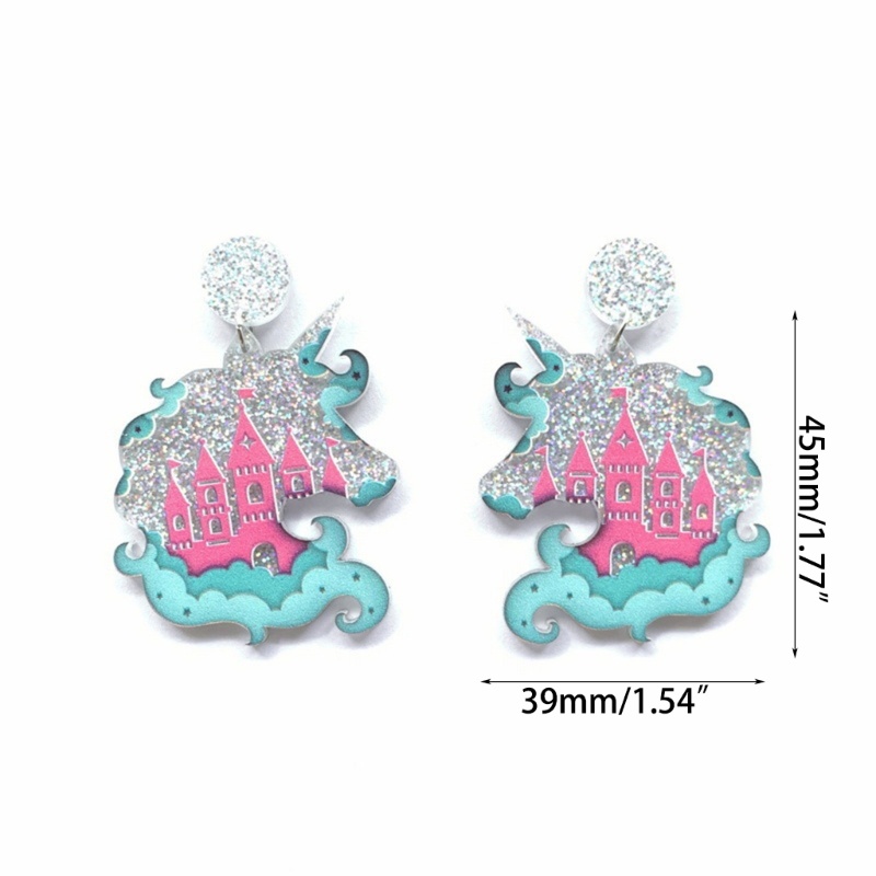 Flgo Bông Tai Acrylic Họa Tiết Kỳ Lân Hoạt Hình Nhiều Màu Sắc Lấp Lánh