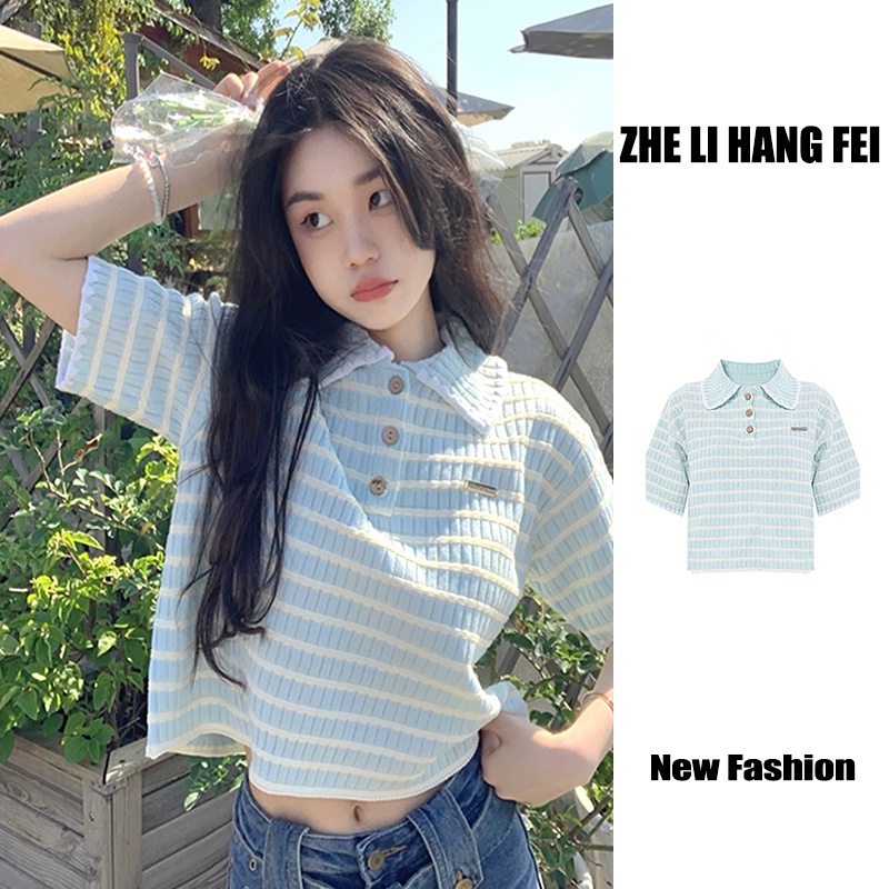 Áo thun polo ZHELIHANGFEI dệt kim ngắn tay họa tiết kẻ sọc ngọt ngào