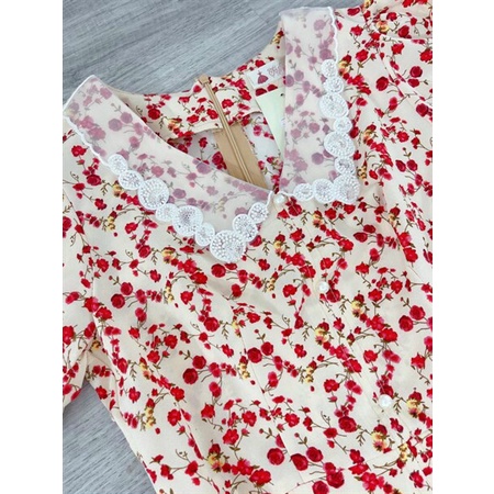 (Miễn Phí Ship) Đầm hoa nhí dáng xòe xẻ tà trước,đầm nữ tay phồng cổ phối lưới xinh xĩu,chất lụa mềm mát