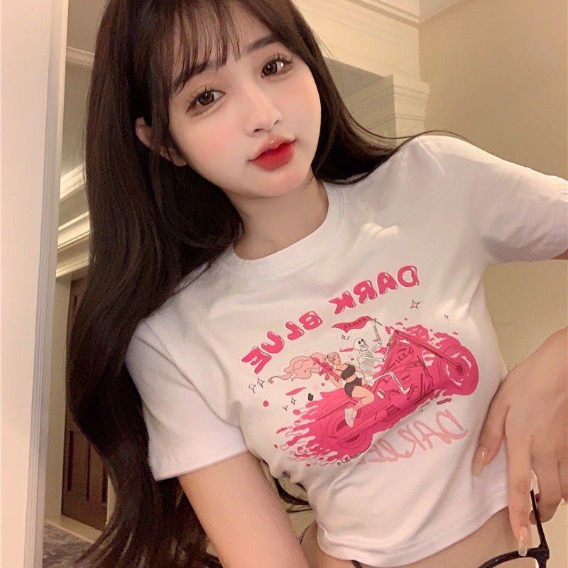 Áo Croptop Tay Ngắn MIRA.CLOSET Dáng Ôm In Hình Hoạ Tiết DARK BLUE A5553