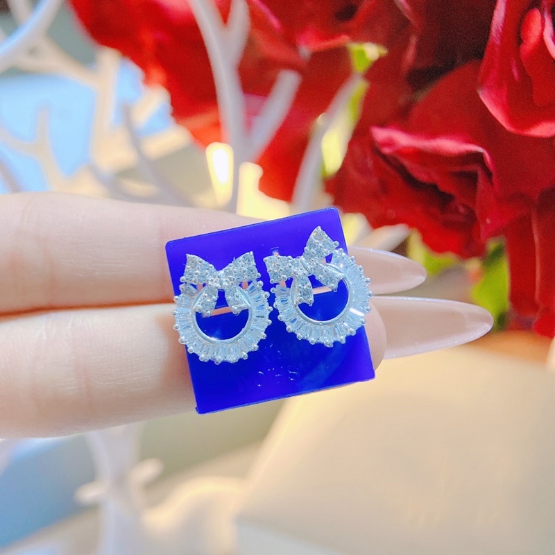 Bông tai bạc nơ đính đá tròn sáng đẹp xinh xắn tiểu thư bông tai nữ bạc thật