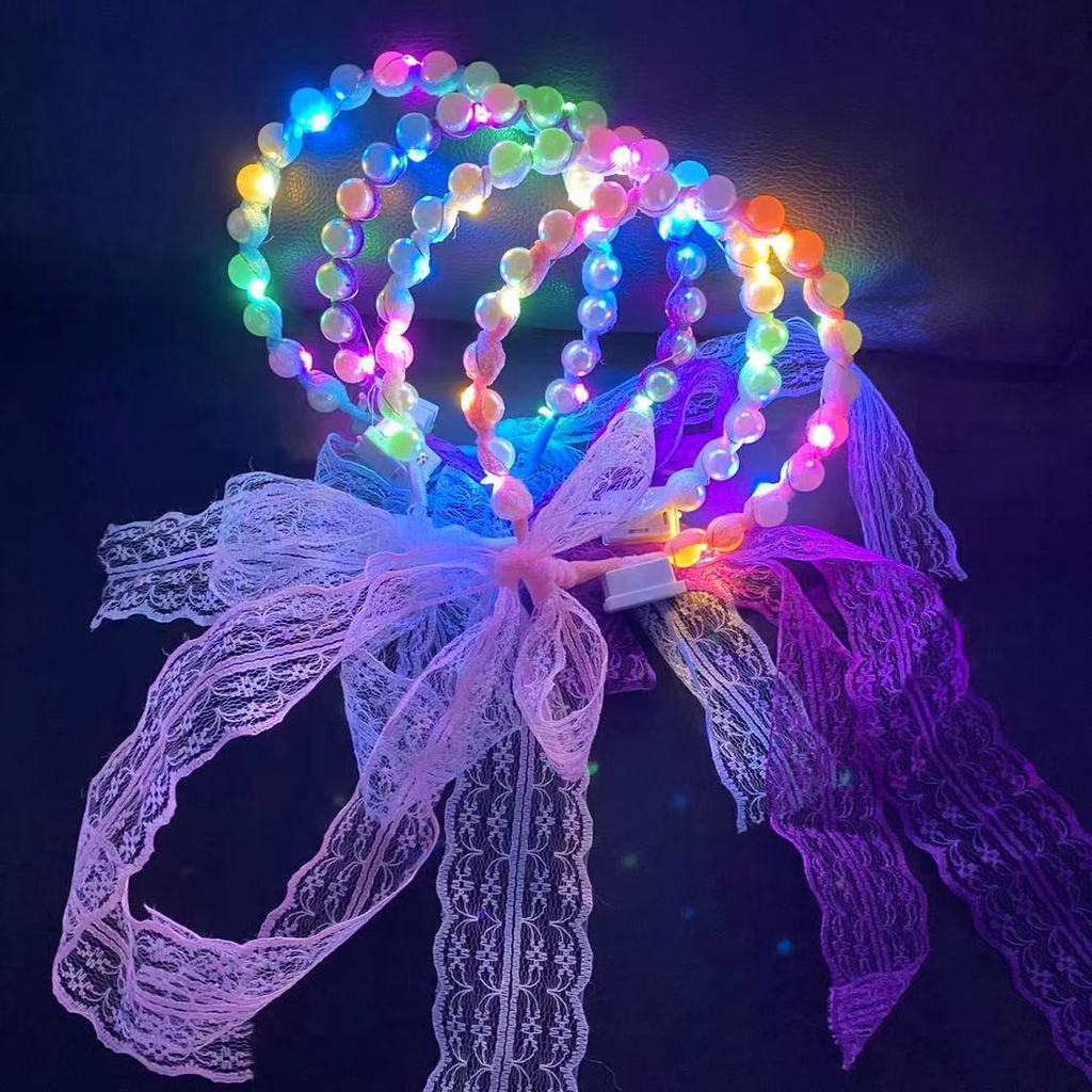 Băng Đô Ren Đính Ngọc Trai Có Đèn LED Phát Sáng Chống Trượt Phong Cách Hàn Quốc Mừng Năm Mới