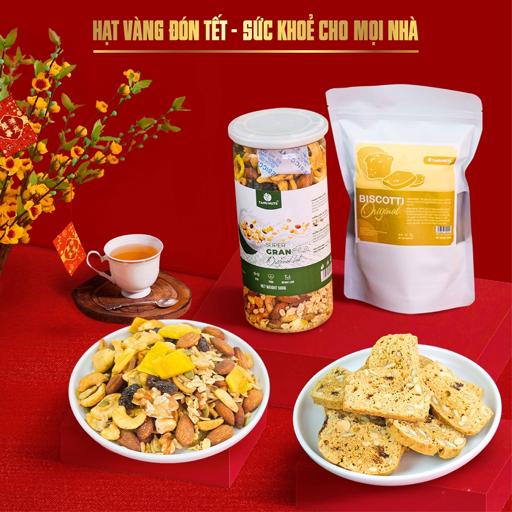 Combo granola siêu hạt 15% yến mạch 500g và bánh biscotti ăn kiêng túi 250g TANU NUTS