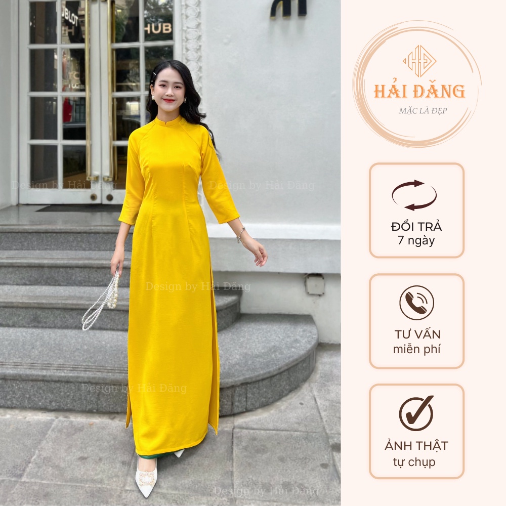 Áo dài truyền thống vàng trơn vải lụa tây thi cao cấp có co giãn mềm mịn, áo dài nữ tay lỡ cổ cao 2 cm