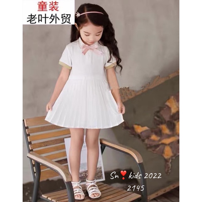 Váy bé gái_Váy công chúa tơ óng tay cổ bo viền chân váy dập ly dáng xòe 2 mầu trắng và hồng XHN1139