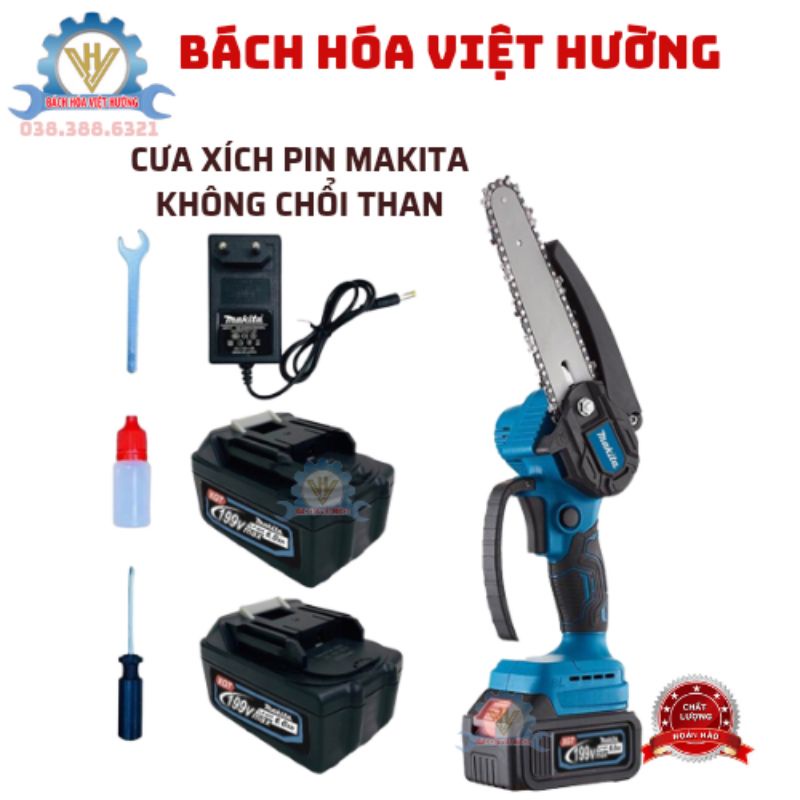 Máy cưa xích mini Makita lõi đồng, Máy cưa xích cầm tay chạy pin 199V- Động cơ không chổi than, cưa gỗ siêu khỏe